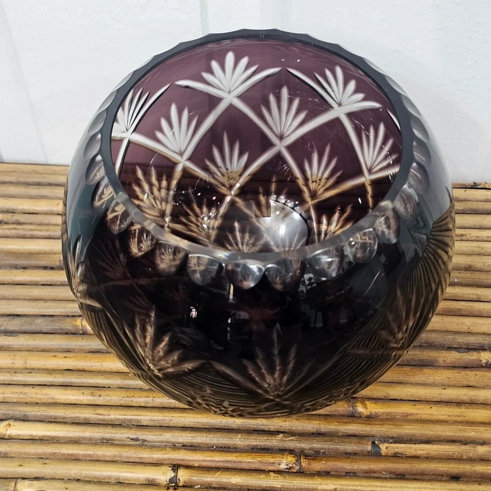 Vintage Amethyst Purple Cut to Clear Glass Rose Bowl Fan Starburst 4.5 inch